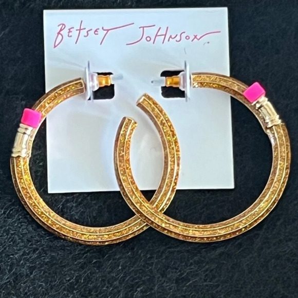 BETSEY JOHNSON Back to School Golden Bypass Pencil Hoop Earrings Teacher NEW NWT - Picture 1 of 4